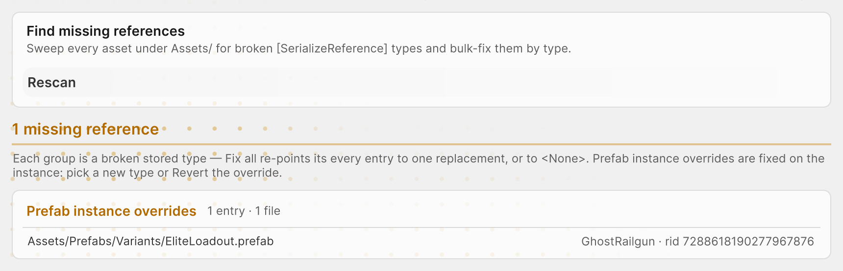 Prefab instance overrides card with a missing GhostRailgun in the EliteLoadout variant