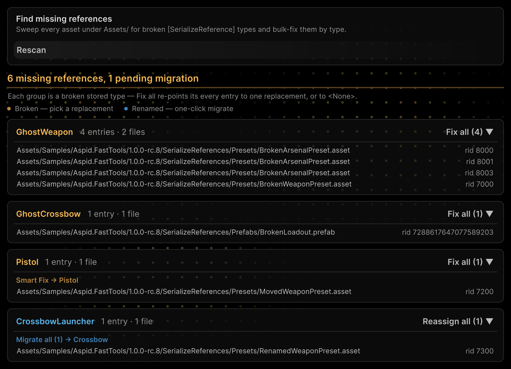 Project References with Fix all, Smart Fix → Pistol and Migrate all groups