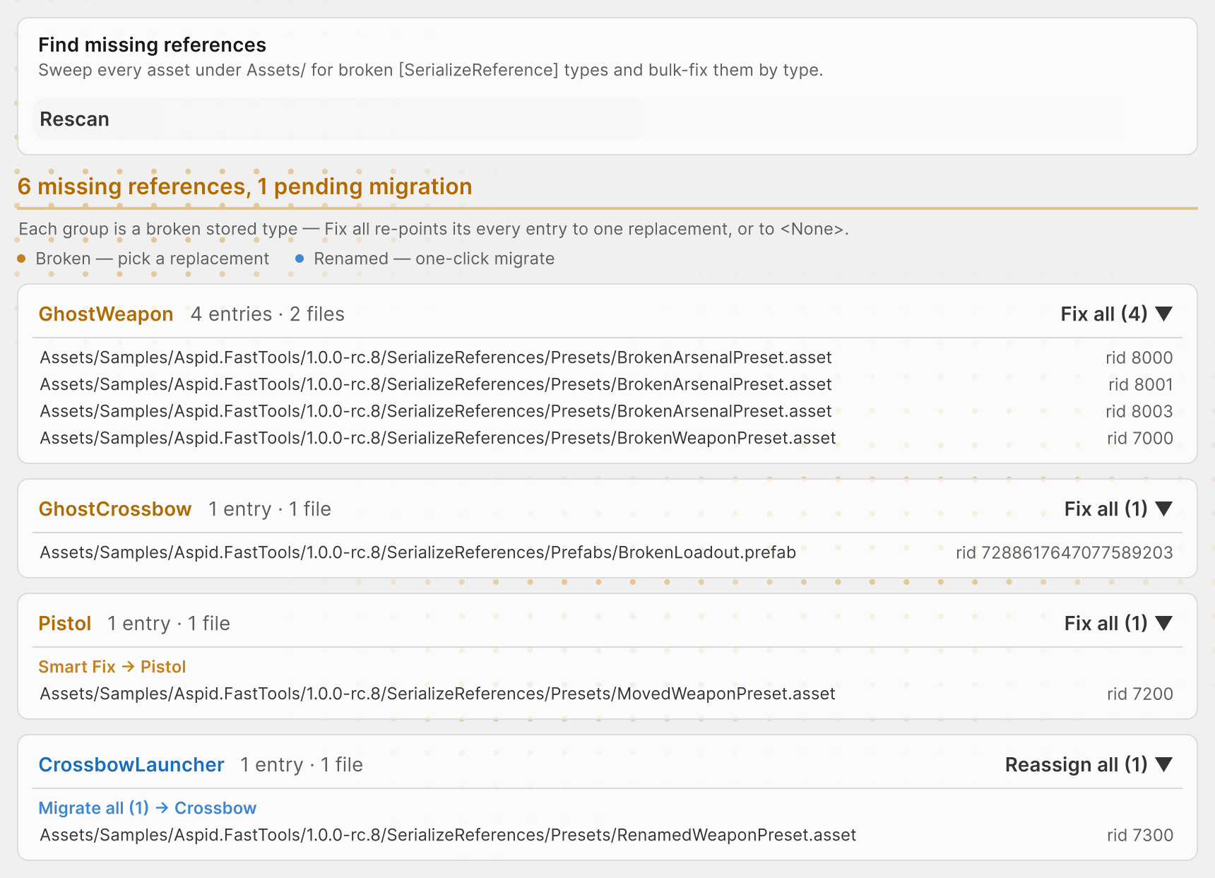 Project References with Fix all, Smart Fix → Pistol and Migrate all groups