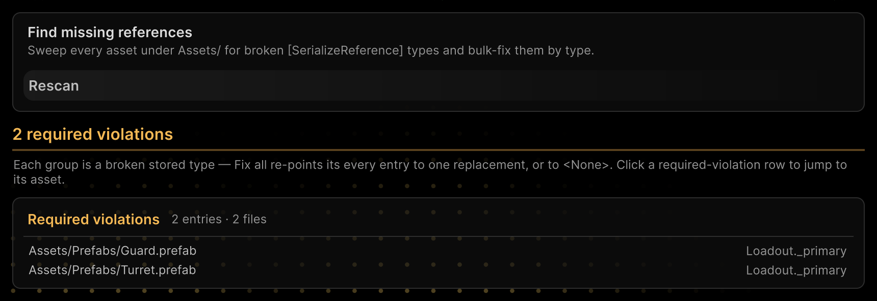 Required violations group: an empty _primary field in two prefabs