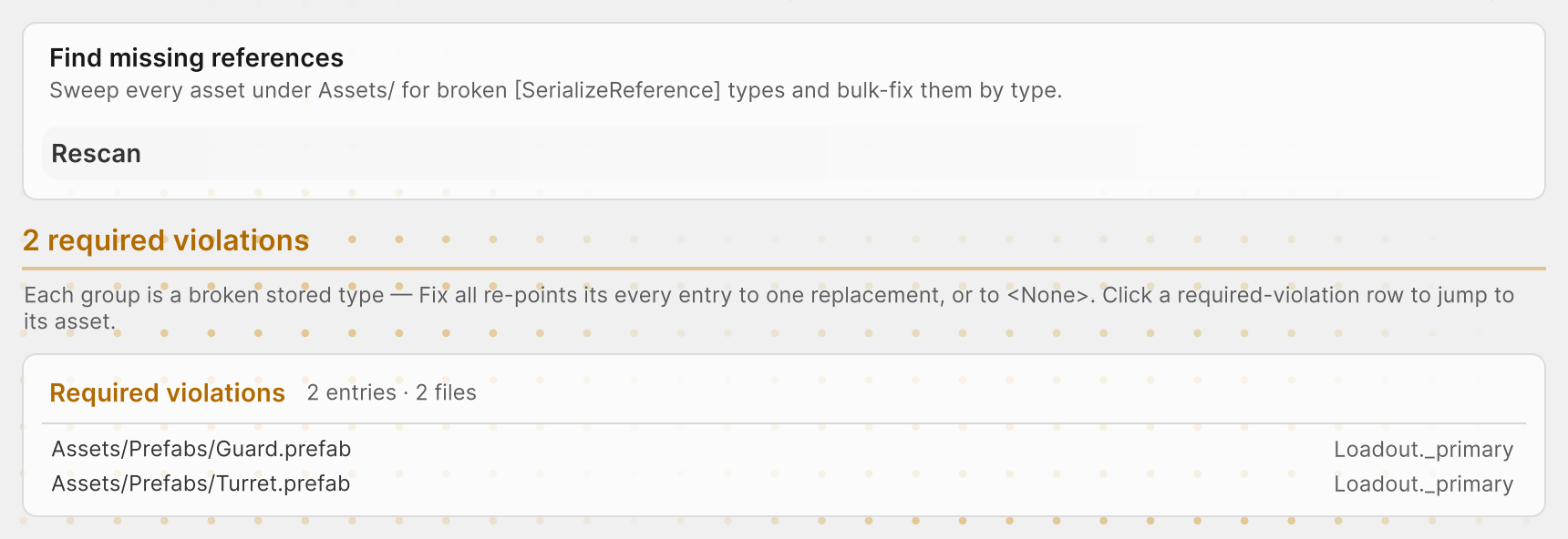 Required violations group: an empty _primary field in two prefabs