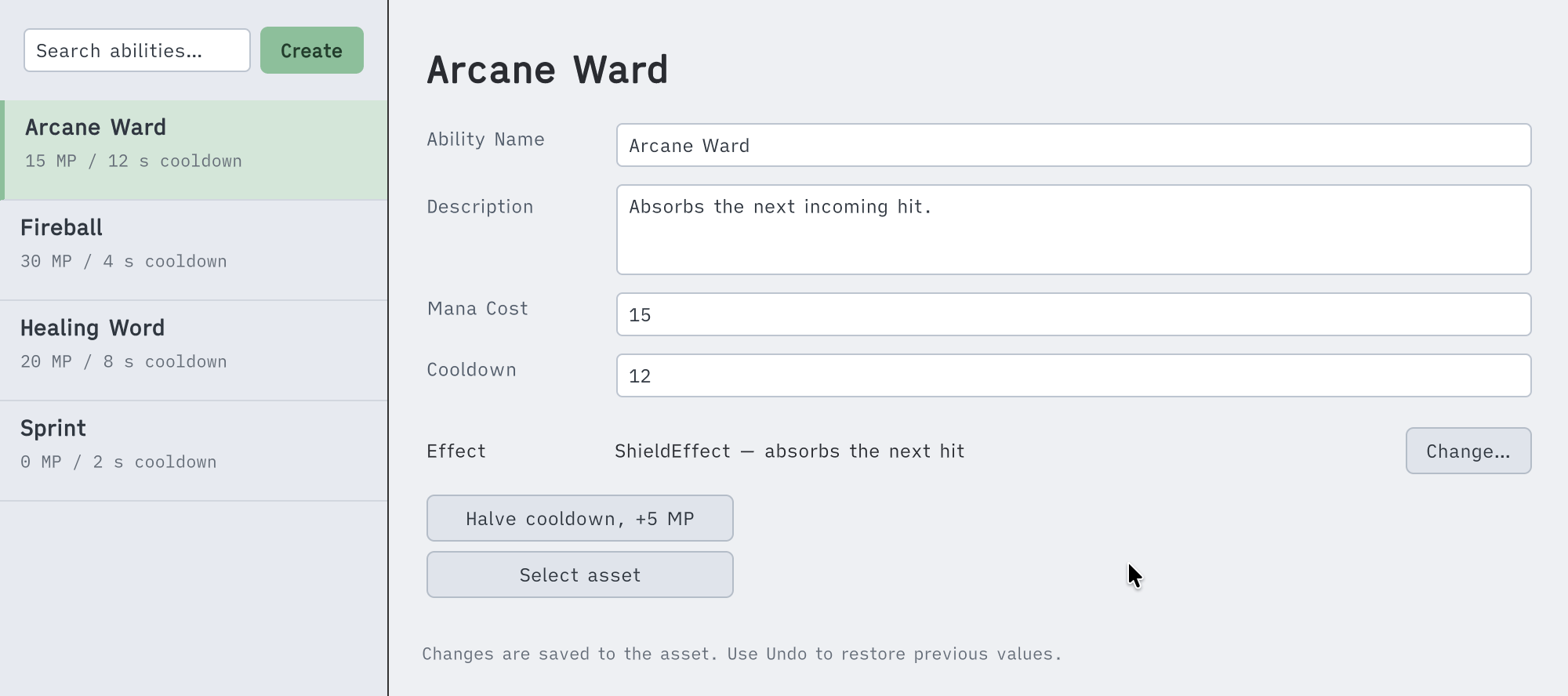 The Ability Catalog window from the EditorTools sample