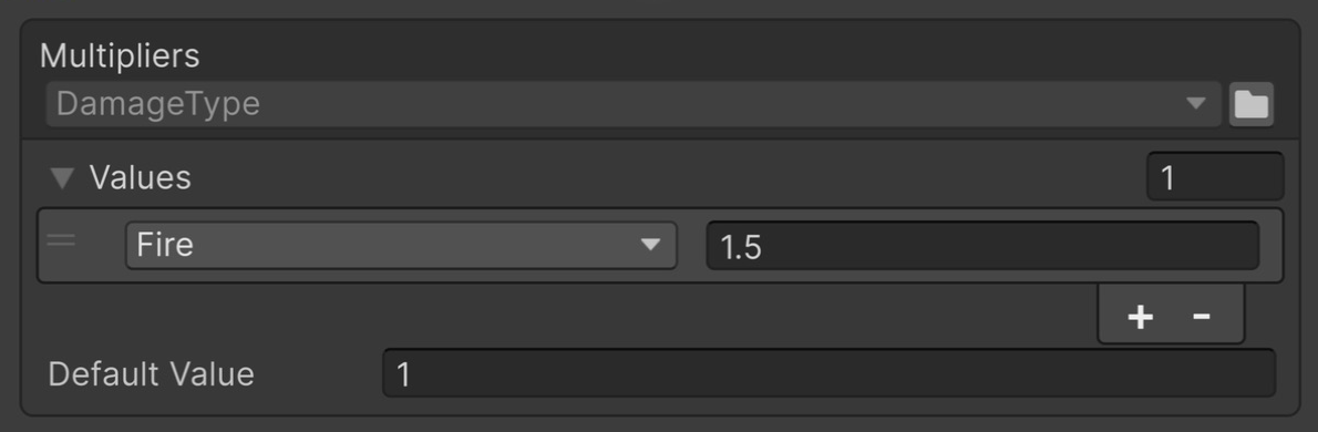 The Multipliers table in the Inspector: a Fire row of 1.5 and Default Value 1