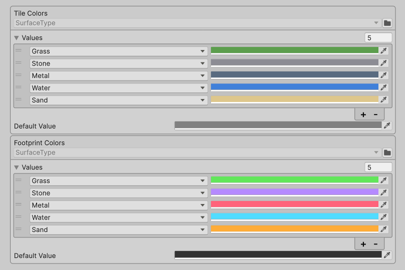 Tile Colors and Footprint Colors, each with its own Default Value.
