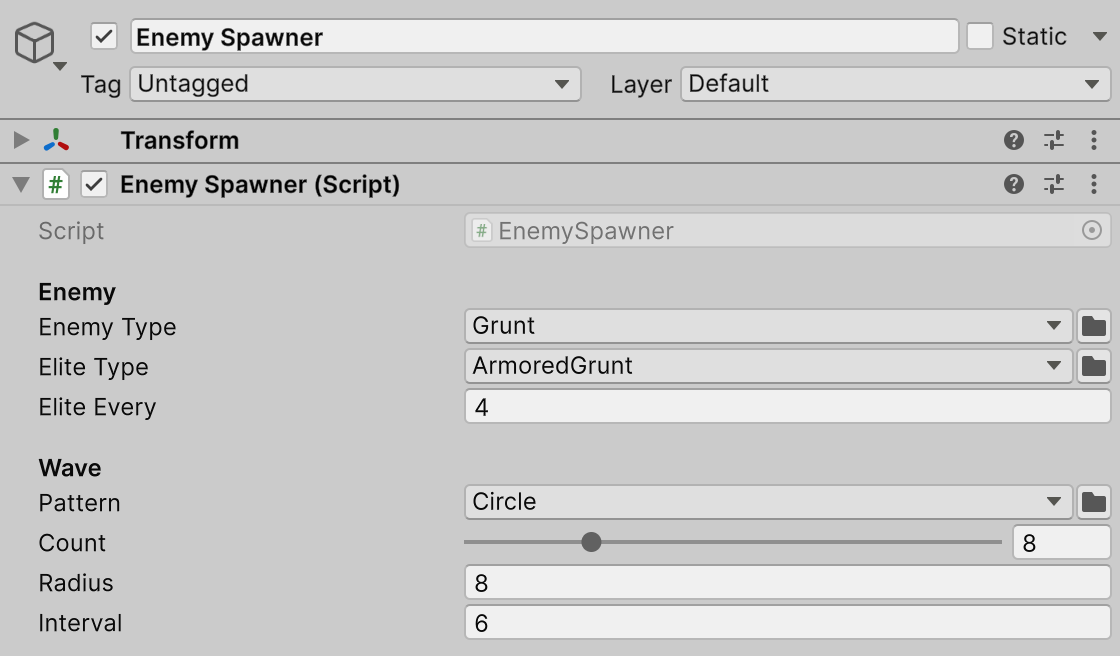 Enemy types and spawn pattern in the Inspector.
