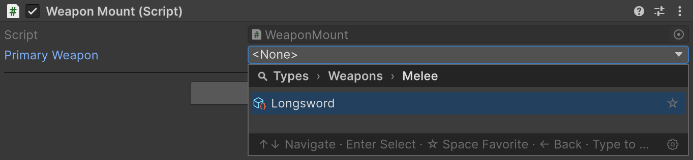 The Longsword name, icon, and Weapons/Melee group in the picker