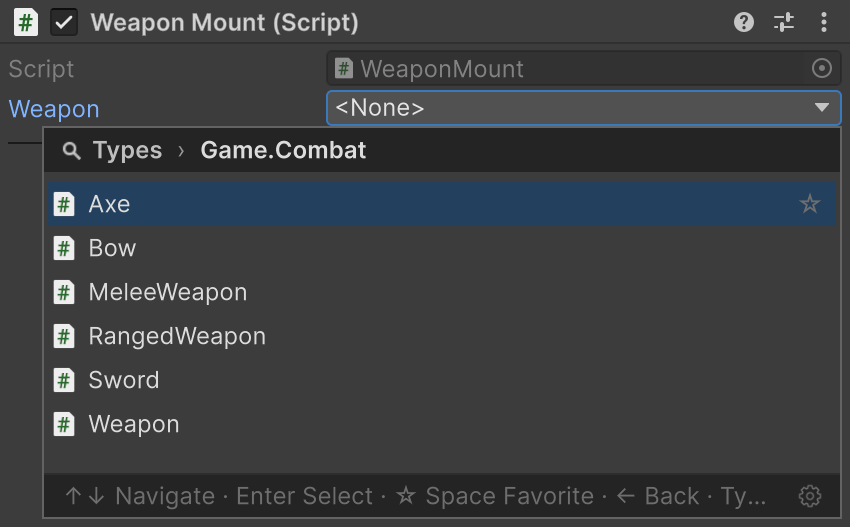 Every Weapon class in the picker, abstract ones included