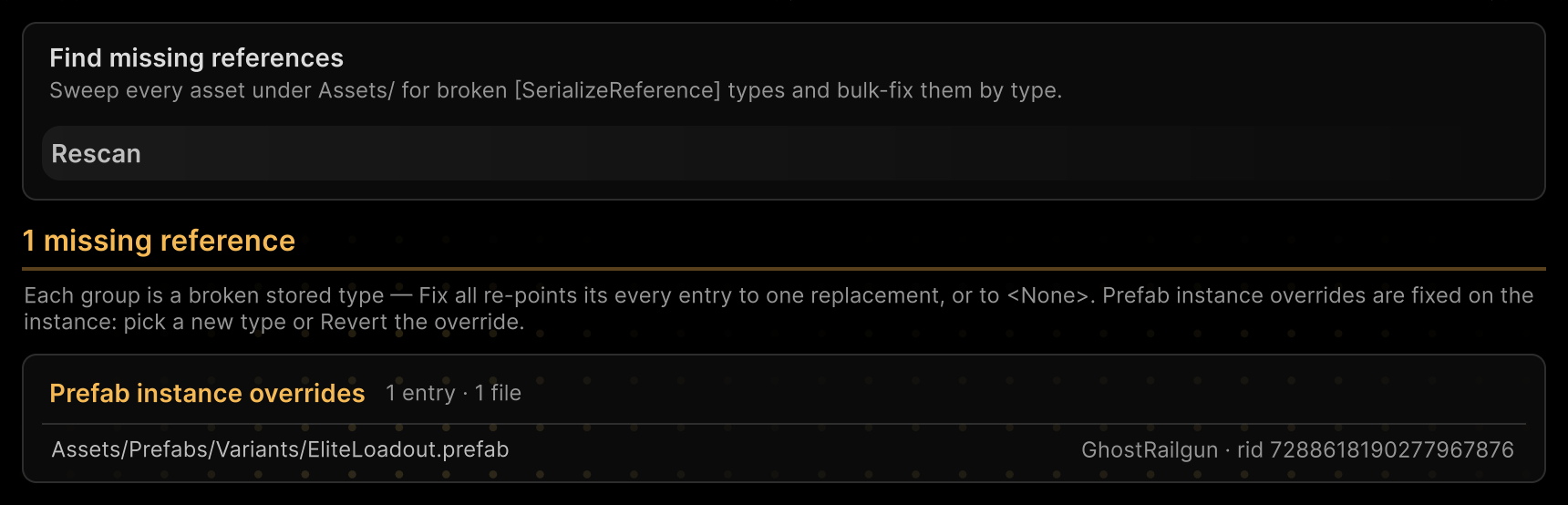 Карточка Prefab instance overrides с потерянным GhostRailgun в варианте EliteLoadout