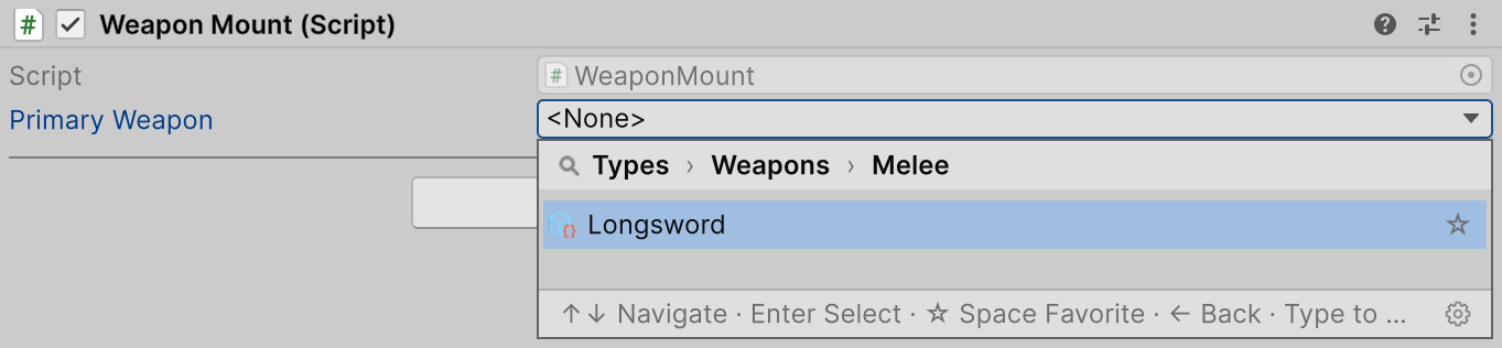 Имя Longsword, иконка и группа Weapons/Melee в окне выбора