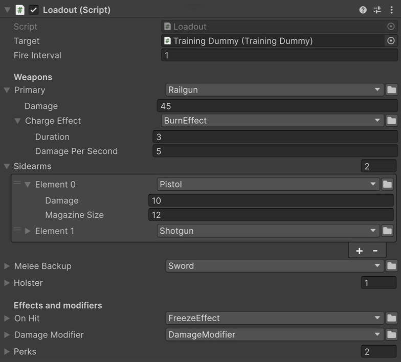 Оружие, вложенный эффект горения и модификаторы в инспекторе Loadout.