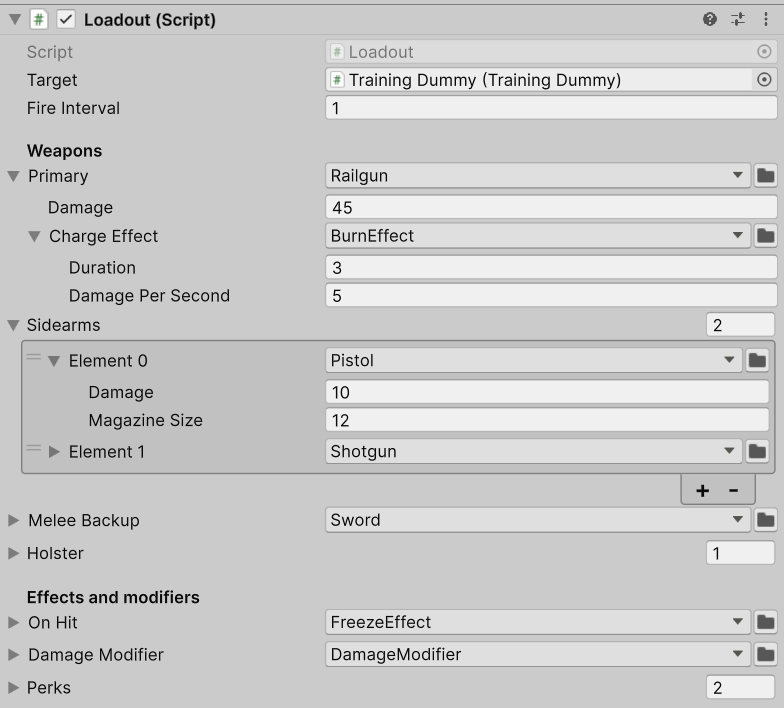 Оружие, вложенный эффект горения и модификаторы в инспекторе Loadout.